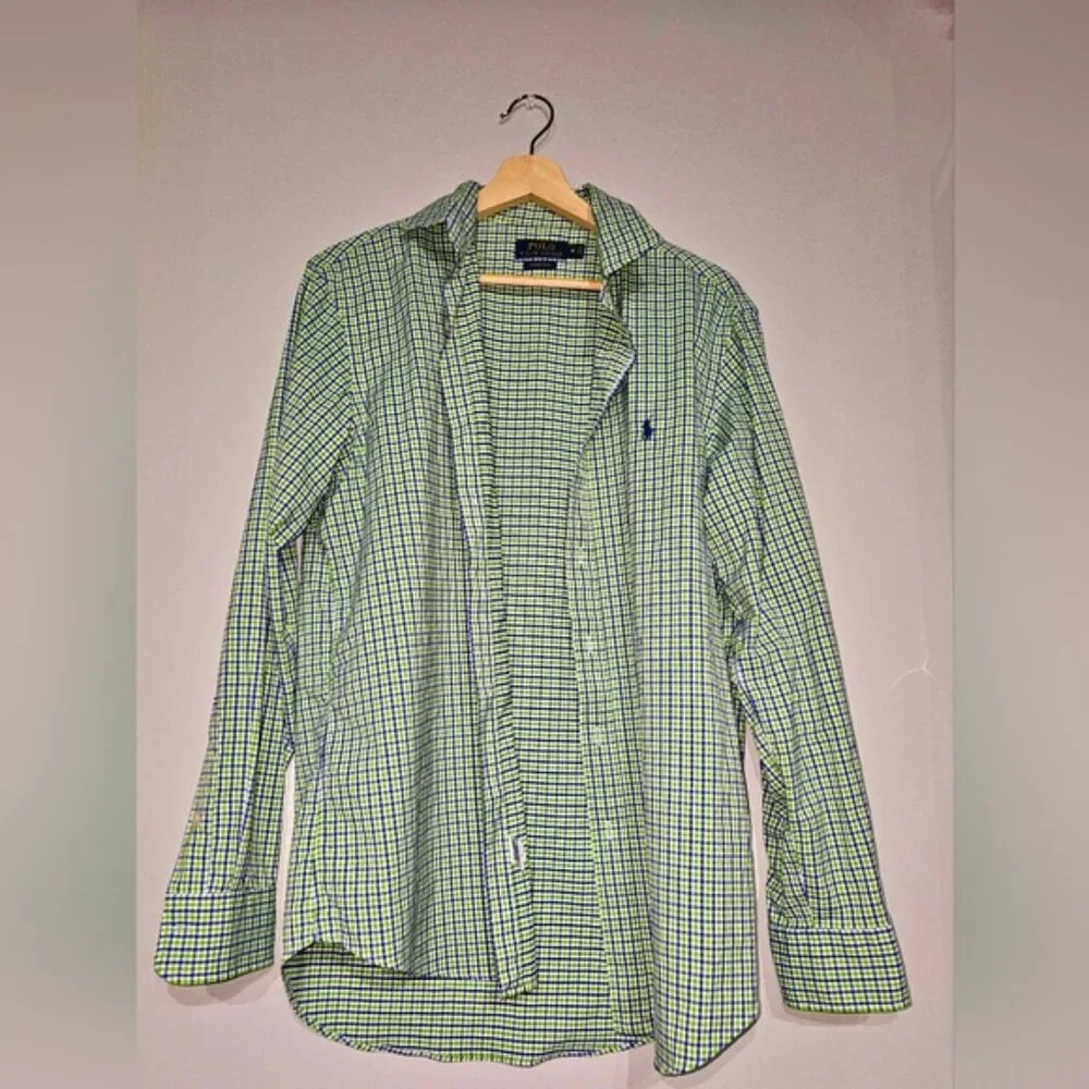 Polo Ralph Lauren Green Blue Check Mens Classic Fit Button Down Shirt Sz Medium - Picture 2 of 7